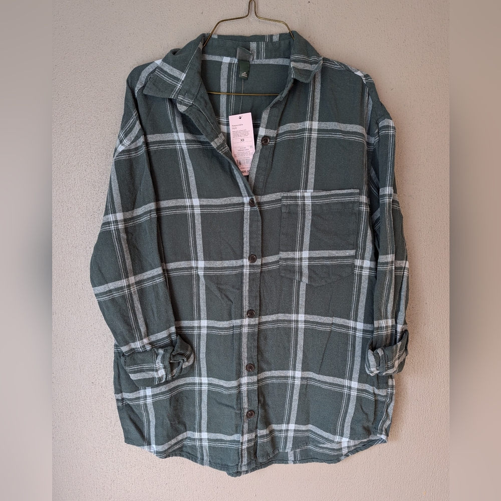 Wild Fable Green And Aqua Plaid Flannel  Button-Up Shirt Xs 100% Cotton
